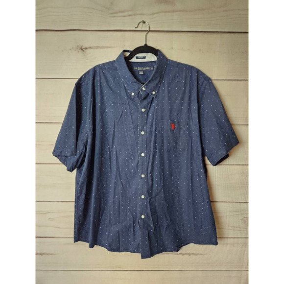 Us Polo Assn Mens Button-Up Shirt‎ Blue White Polka Dot Short Sleeve Stretch XXL - Picture 1 of 5